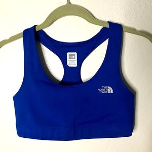 The north face blue sports bra, size small, racer back, no padding